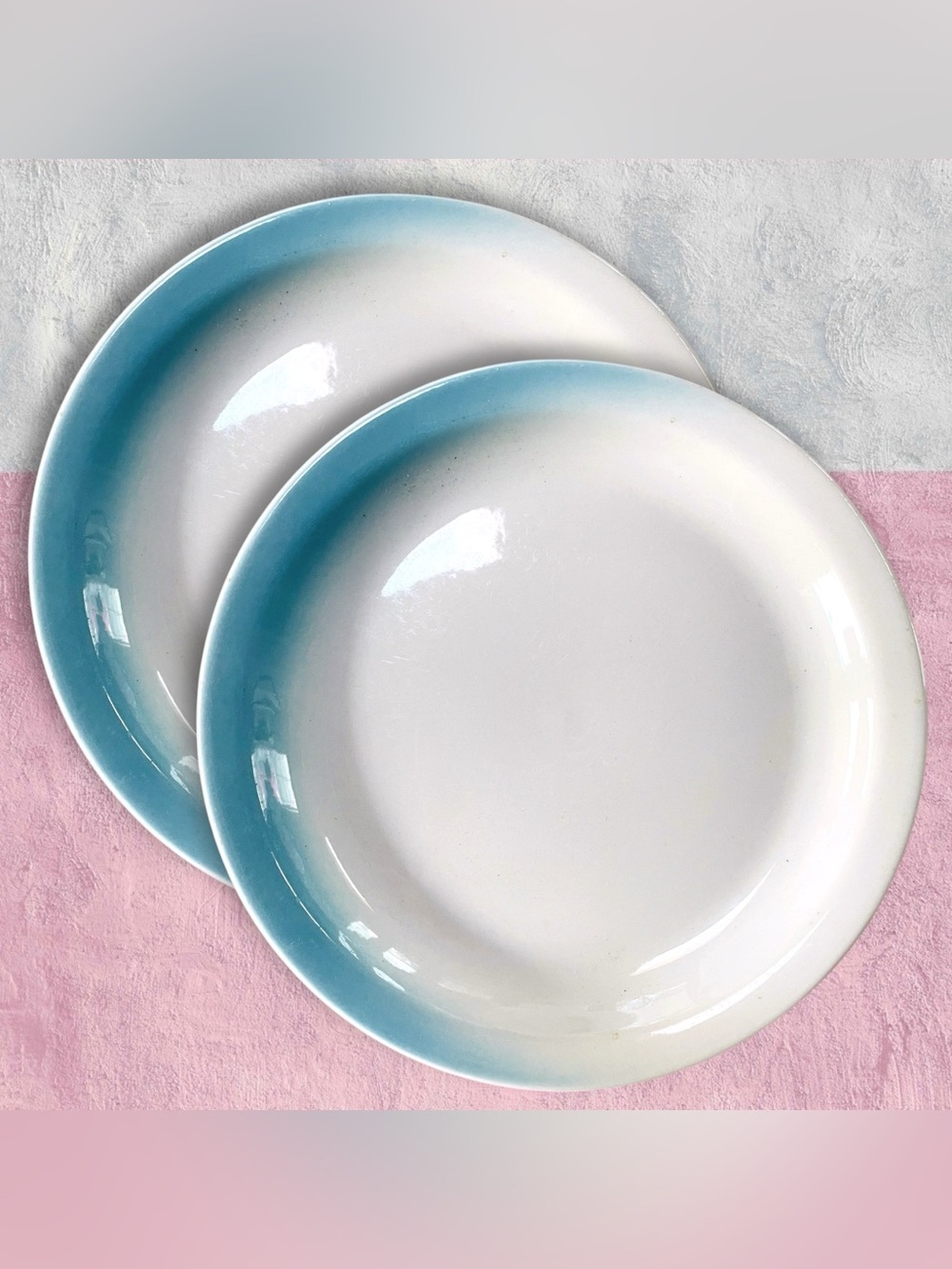 Pair 2 Vintage Airbrushed Restaurant Ware Luncheon Plates Turquoise Aqua Blue